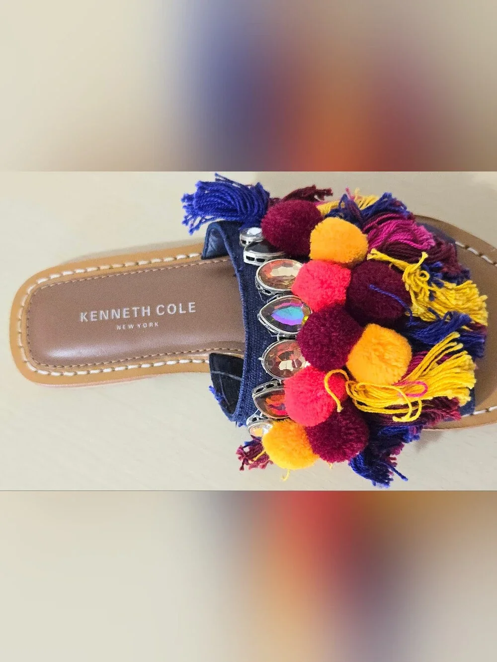 Kenneth Cole New York Osmond Slide Sandals - Fringe Pom Pom - Boho-Chic - Size 7